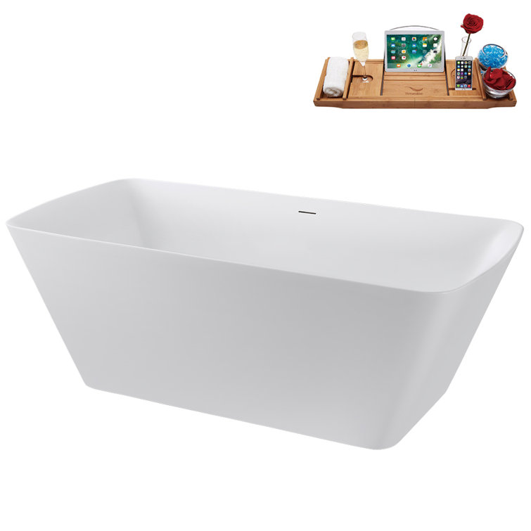 59" Glossy White Acrylic Freestanding Tub with Brushed Gold Trim