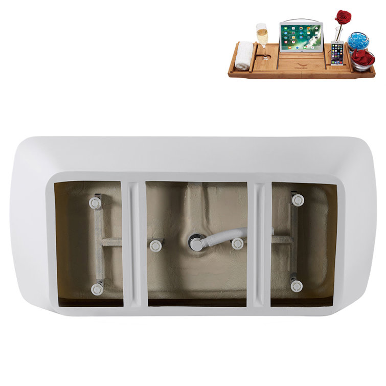 59" Glossy White Acrylic Freestanding Tub with Brushed Gold Trim