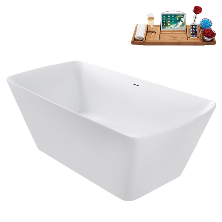 59" Glossy White Acrylic Freestanding Tub with Brushed Gold Trim