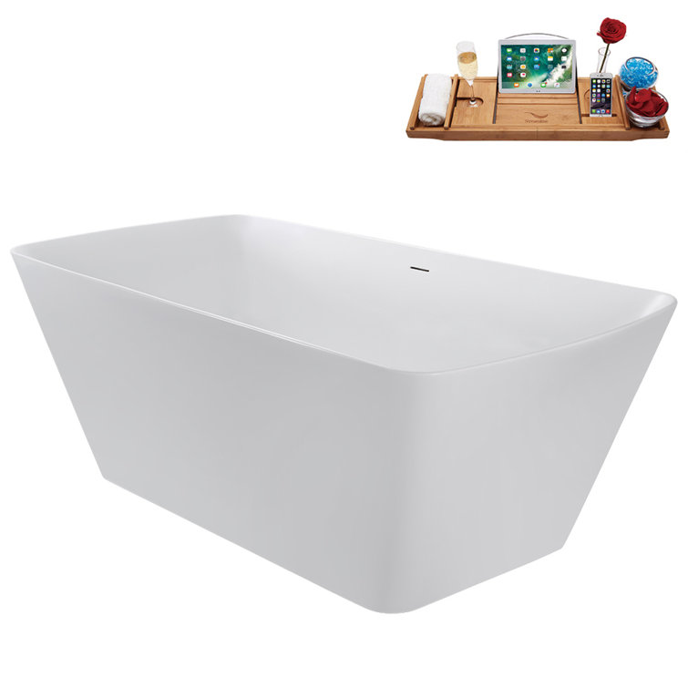 59" Glossy White Acrylic Freestanding Tub with Brushed Gold Trim