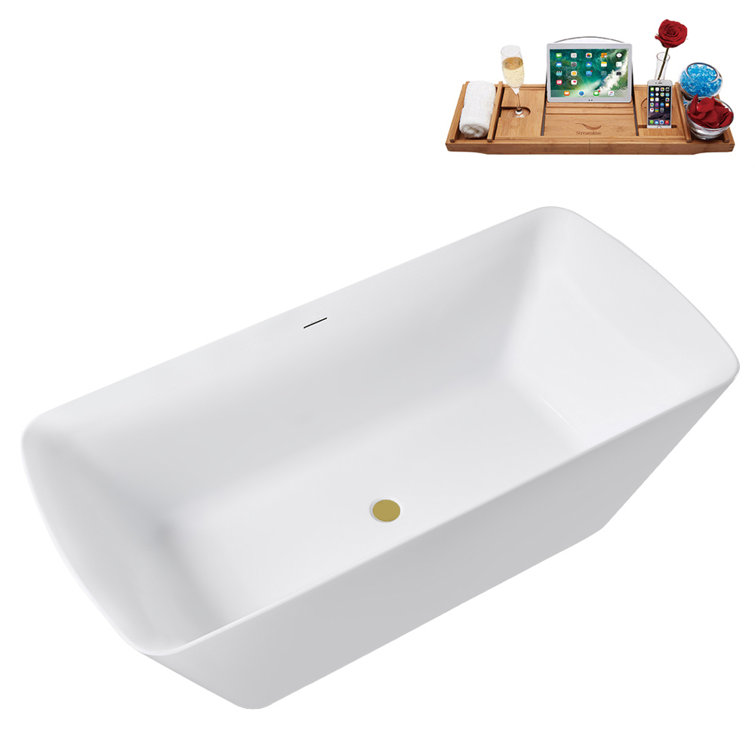 59" Glossy White Acrylic Freestanding Tub with Brushed Gold Trim