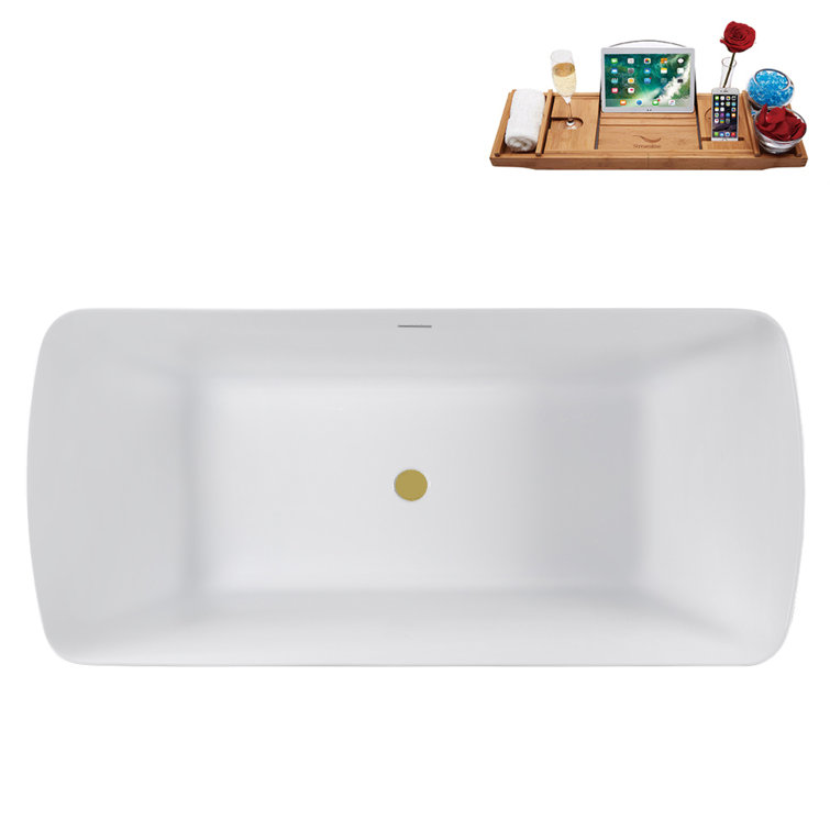 59" Glossy White Acrylic Freestanding Tub with Brushed Gold Trim