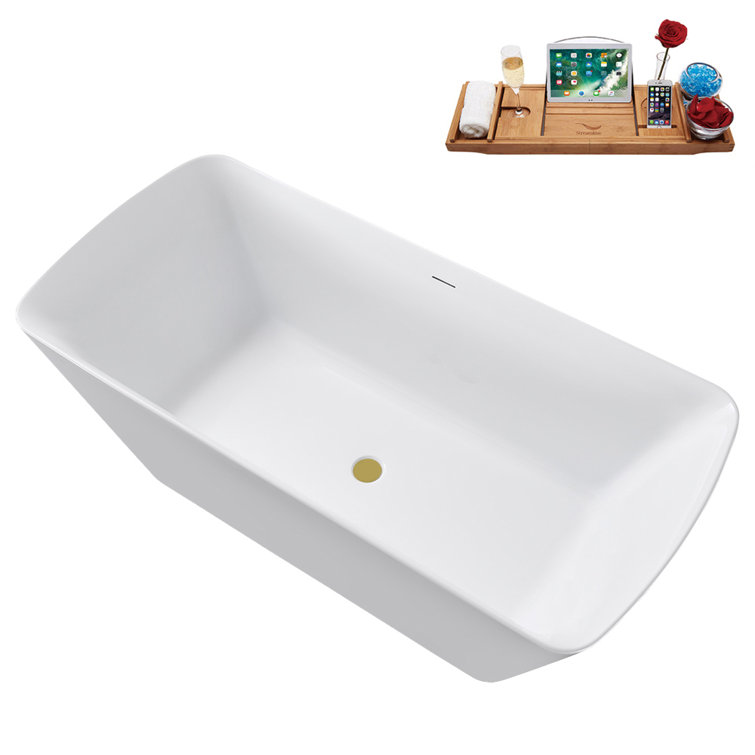 59" Glossy White Acrylic Freestanding Tub with Brushed Gold Trim