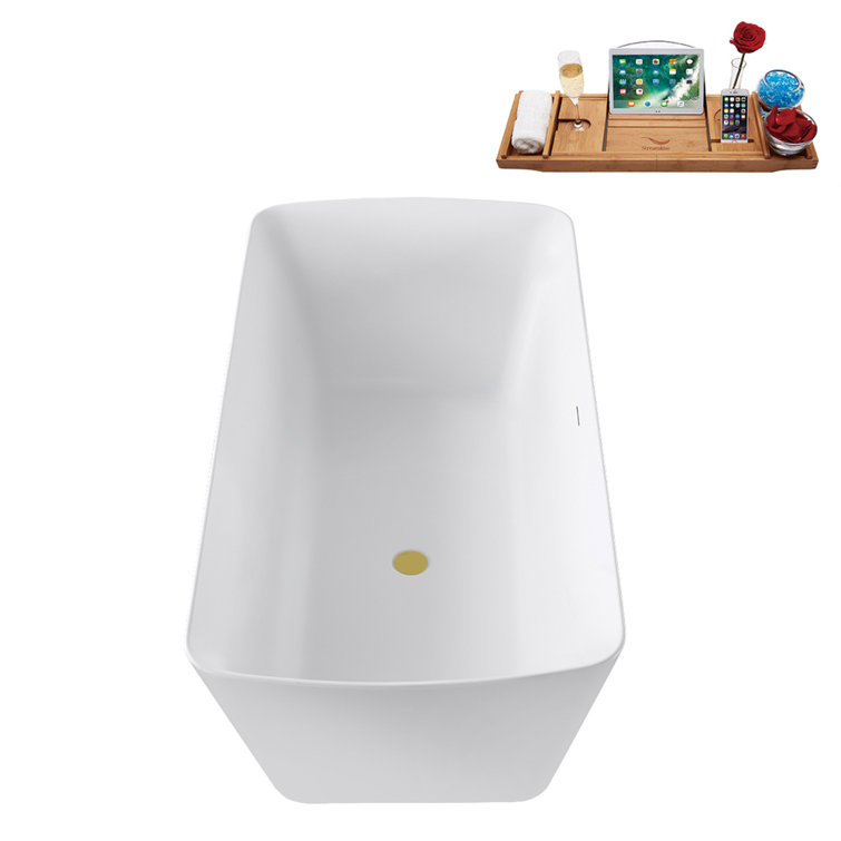 59" Glossy White Acrylic Freestanding Tub with Brushed Gold Trim