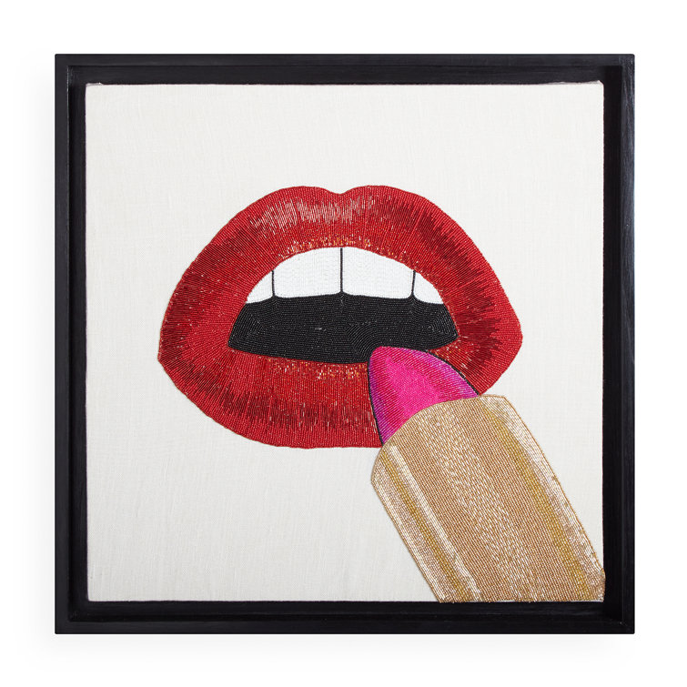 24" Square Red and Gold Beaded Lipstick Wall Art