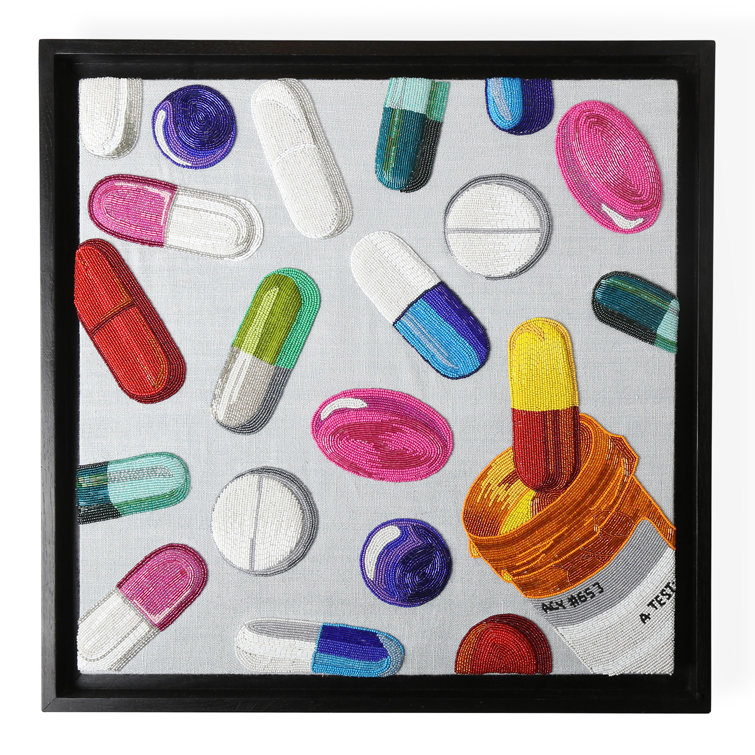 Colorful Beaded Pill Art in Black Floater Frame
