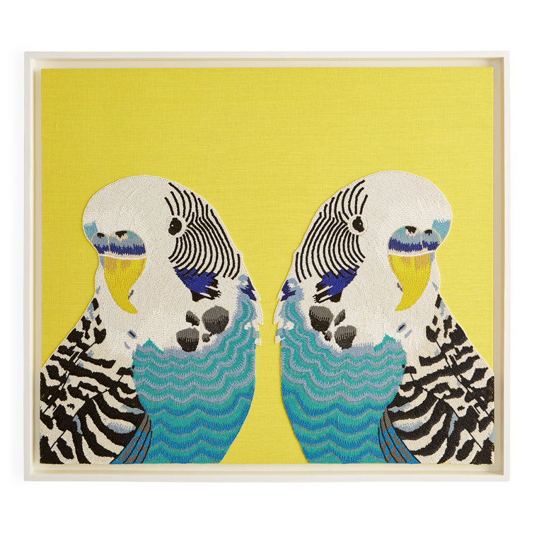 Hand-Beaded Parakeet Wall Art on Yellow Linen Background