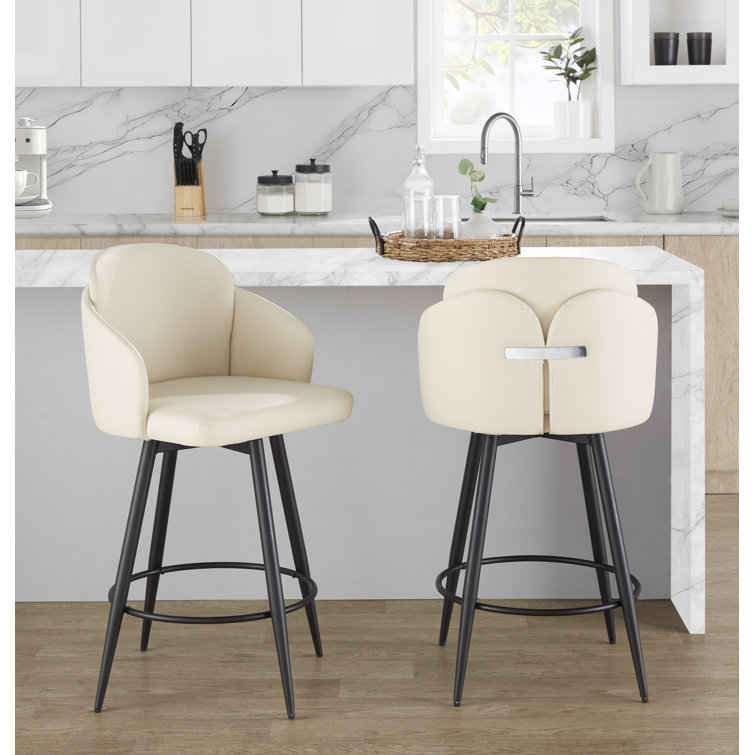 Cream Faux Leather and Chrome Swivel Counter Stools, Set of 2