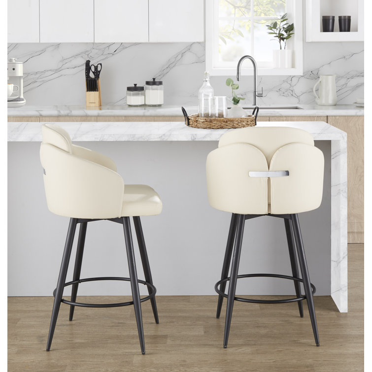 Cream Faux Leather and Chrome Swivel Counter Stools, Set of 2