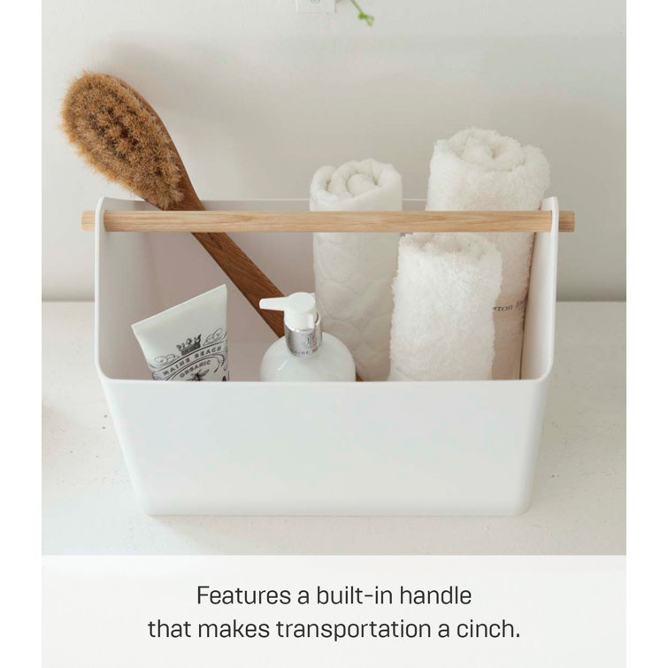 Modern White Plastic Storage Caddy with Sleek Wood Handle
