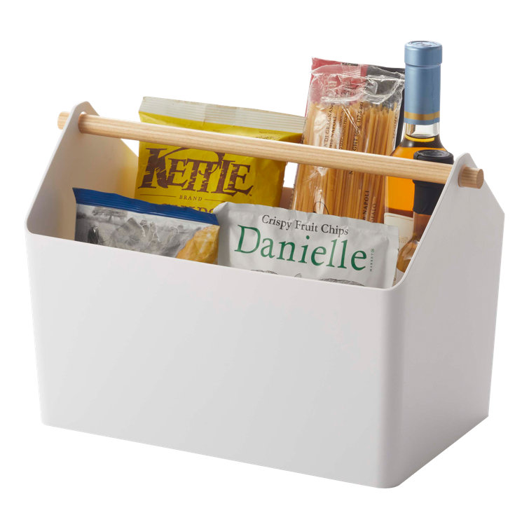 Modern White Plastic Storage Caddy with Sleek Wood Handle