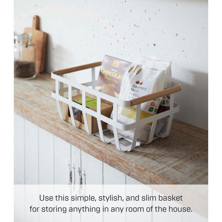 Tosca White Steel and Natural Wood Dual-Handle Storage Basket