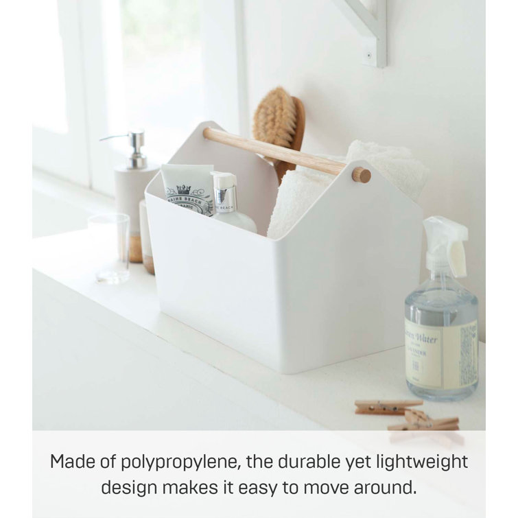 Modern White Plastic Storage Caddy with Sleek Wood Handle