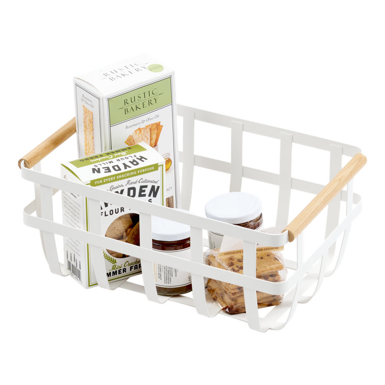 Tosca White Steel and Natural Wood Dual-Handle Storage Basket