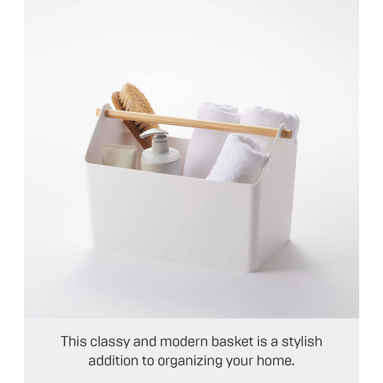 Modern White Plastic Storage Caddy with Sleek Wood Handle