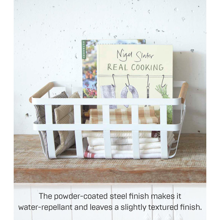 Tosca White Steel and Natural Wood Dual-Handle Storage Basket