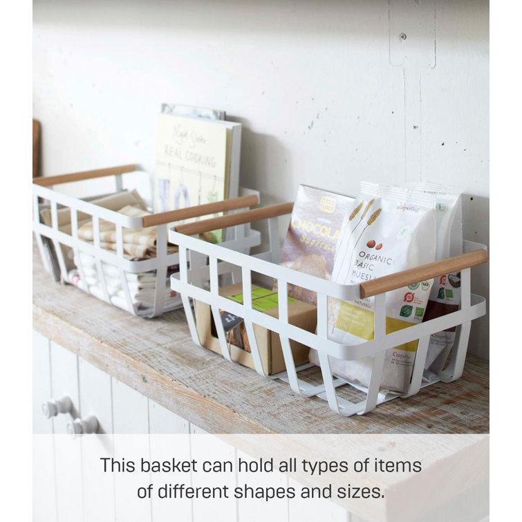 Tosca White Steel and Natural Wood Dual-Handle Storage Basket