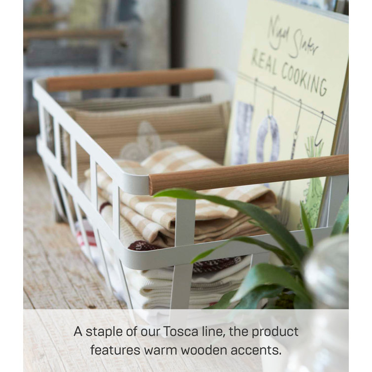 Tosca White Steel and Natural Wood Dual-Handle Storage Basket