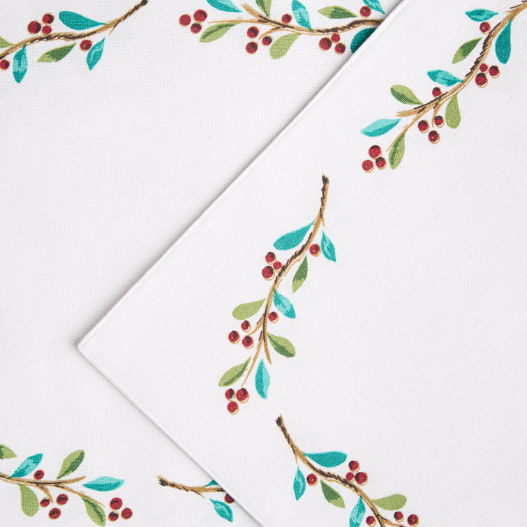 Holly Sprig Holiday Cotton Placemats Set of 4, White/Red/Green