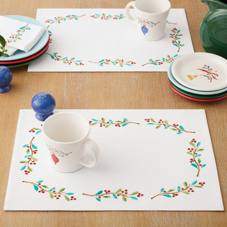 Holly Sprig Holiday Cotton Placemats Set of 4, White/Red/Green