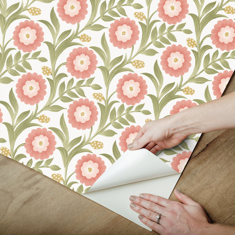 Lillian Pink and White Floral Vine Peel and Stick Wallpaper