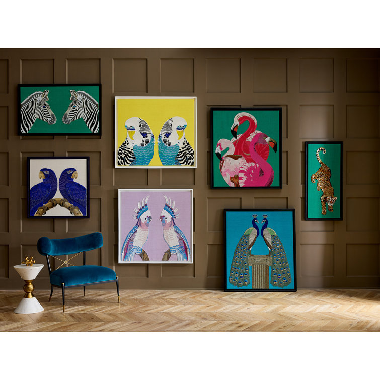 Hand-Beaded Parakeet Wall Art on Yellow Linen Background