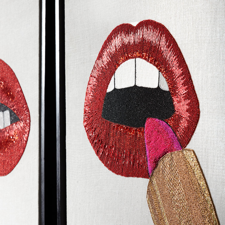 24" Square Red and Gold Beaded Lipstick Wall Art