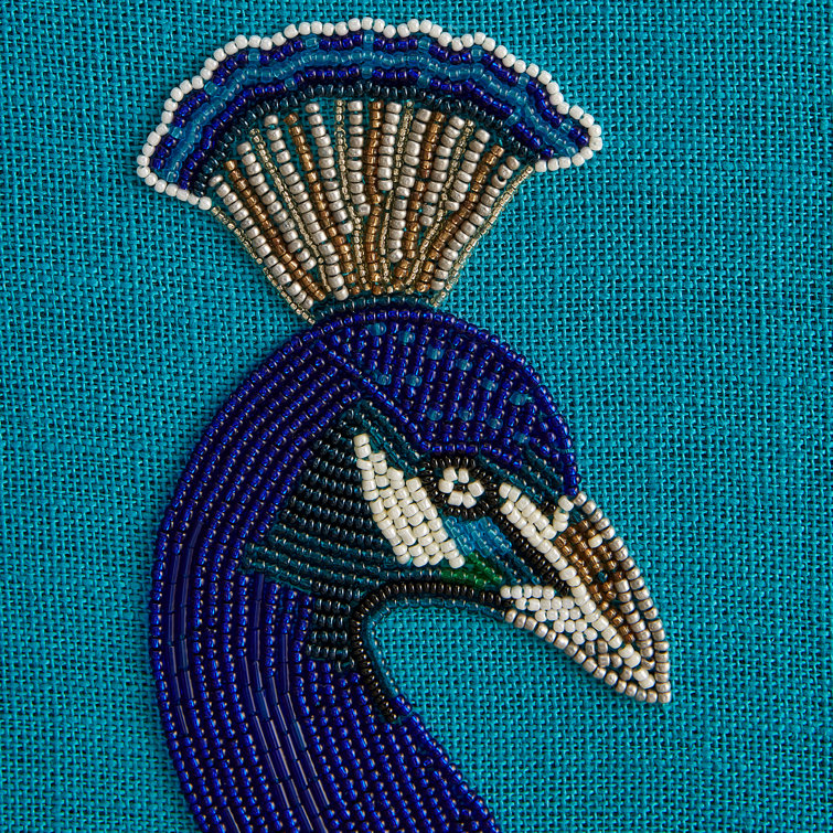Hand-Beaded Peacock Wall Art in Black Floater Frame