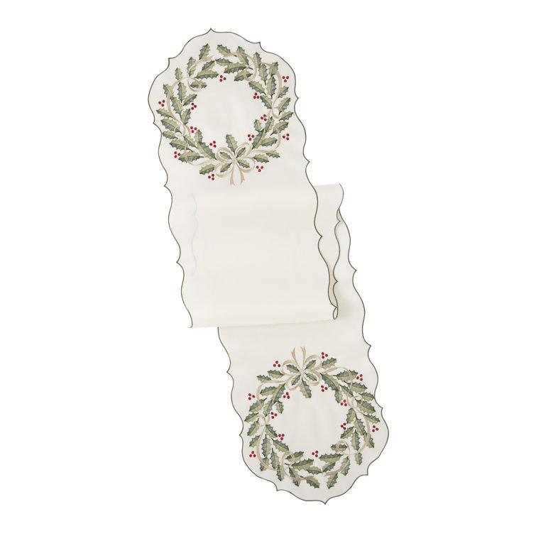 Cream Polyester Holiday Wreath Table Runner with Embroidery