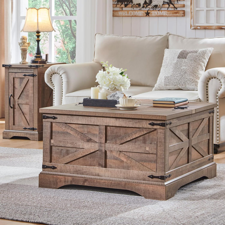Light Brown Square Wood Lift-Top Coffee Table with Hidden Storage