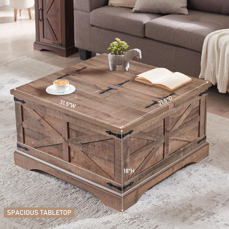 Light Brown Square Wood Lift-Top Coffee Table with Hidden Storage