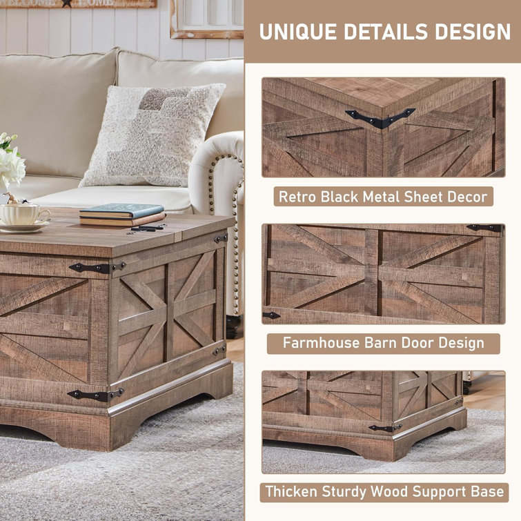 Light Brown Square Wood Lift-Top Coffee Table with Hidden Storage