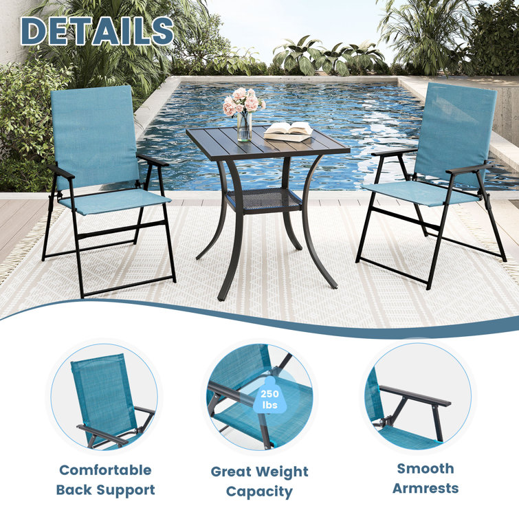 Blue Metal Frame Folding Outdoor Dining Chairs, Set of 2