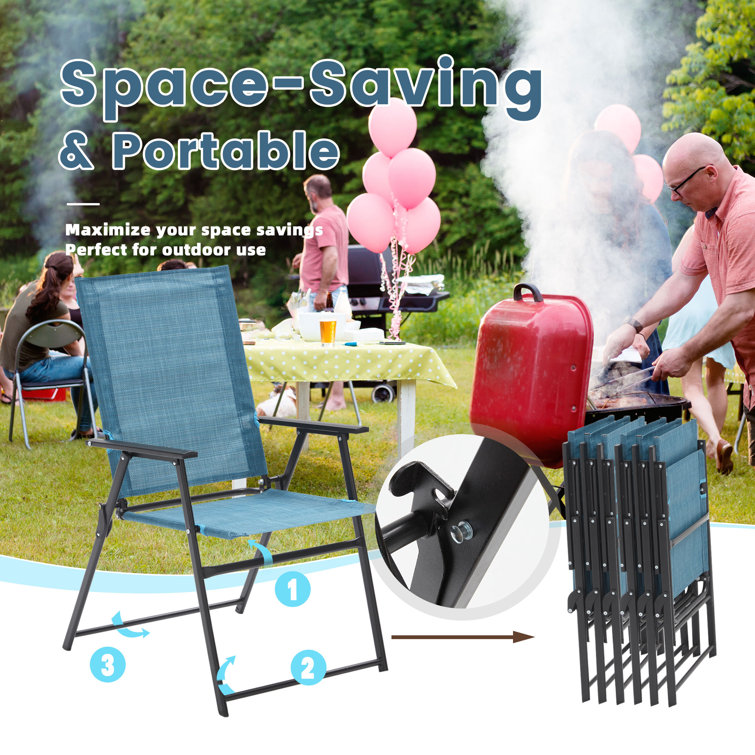 Blue Metal Frame Folding Outdoor Dining Chairs, Set of 2