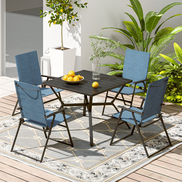 Blue Metal Frame Folding Outdoor Dining Chairs, Set of 2