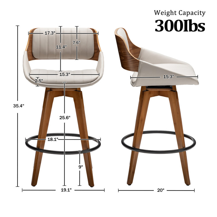 Gray Faux Leather Swivel Counter Stools with Wood Back and Legs, Set of 2