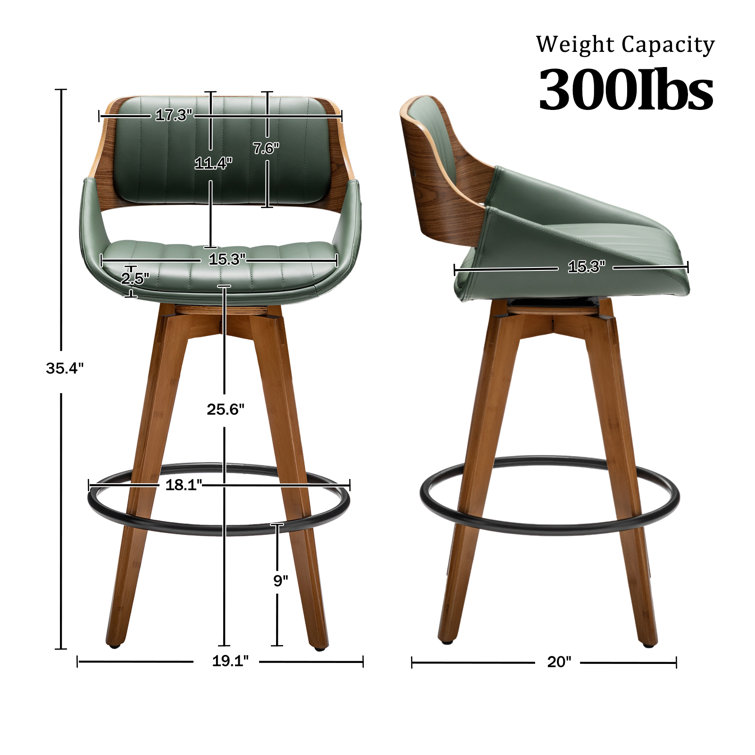 Green Faux Leather and Wood Swivel Counter Stools, Set of 2