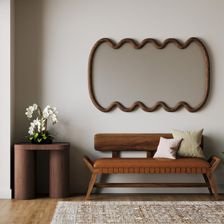 Mid-Century Teak and Genuine Leather 3-Seater Bench