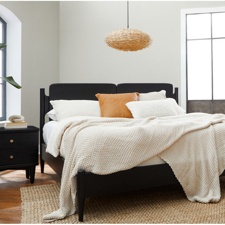 Queen Black Oak Wood Frame Bed with Headboard