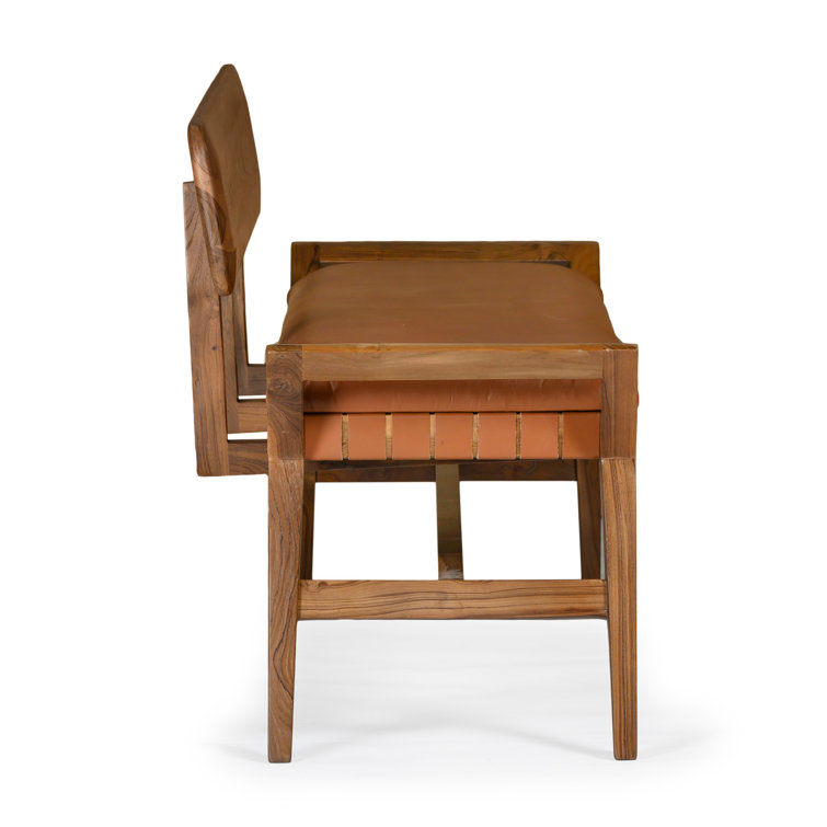 Mid-Century Teak and Genuine Leather 3-Seater Bench