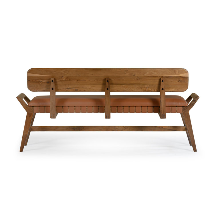 Mid-Century Teak and Genuine Leather 3-Seater Bench