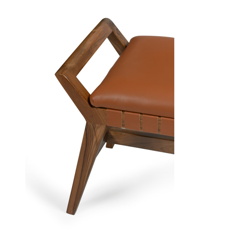 Mid-Century Teak and Genuine Leather 3-Seater Bench