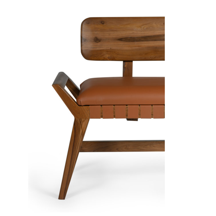 Mid-Century Teak and Genuine Leather 3-Seater Bench