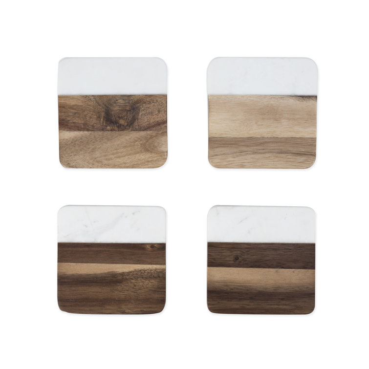 Modern Square Marble and Acacia Wood Coaster Set