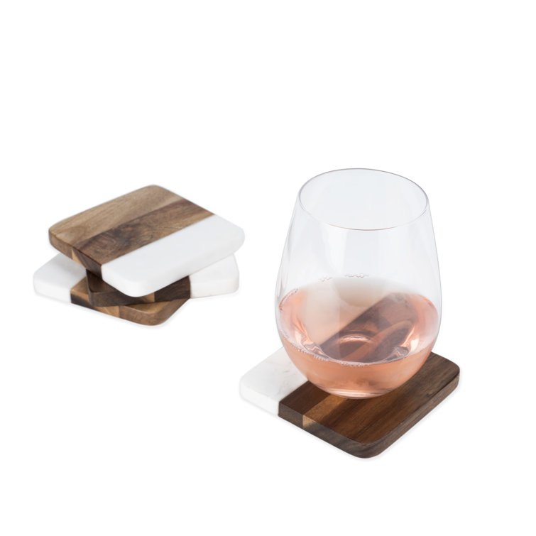 Modern Square Marble and Acacia Wood Coaster Set