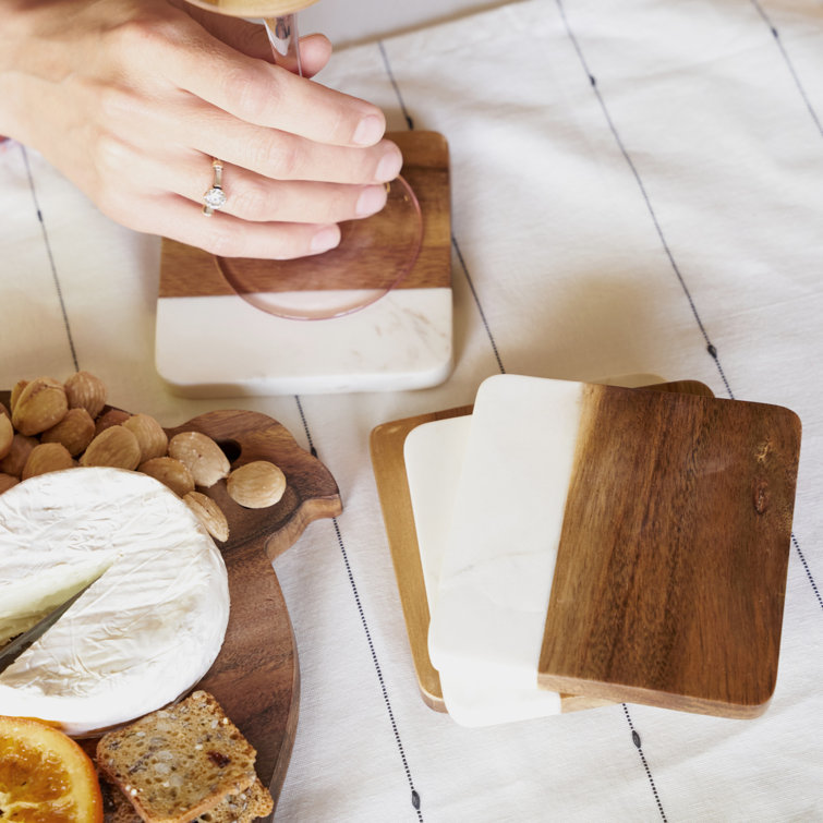 Modern Square Marble and Acacia Wood Coaster Set