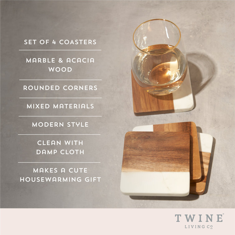 Modern Square Marble and Acacia Wood Coaster Set