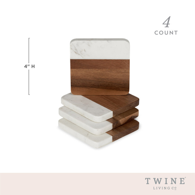 Modern Square Marble and Acacia Wood Coaster Set