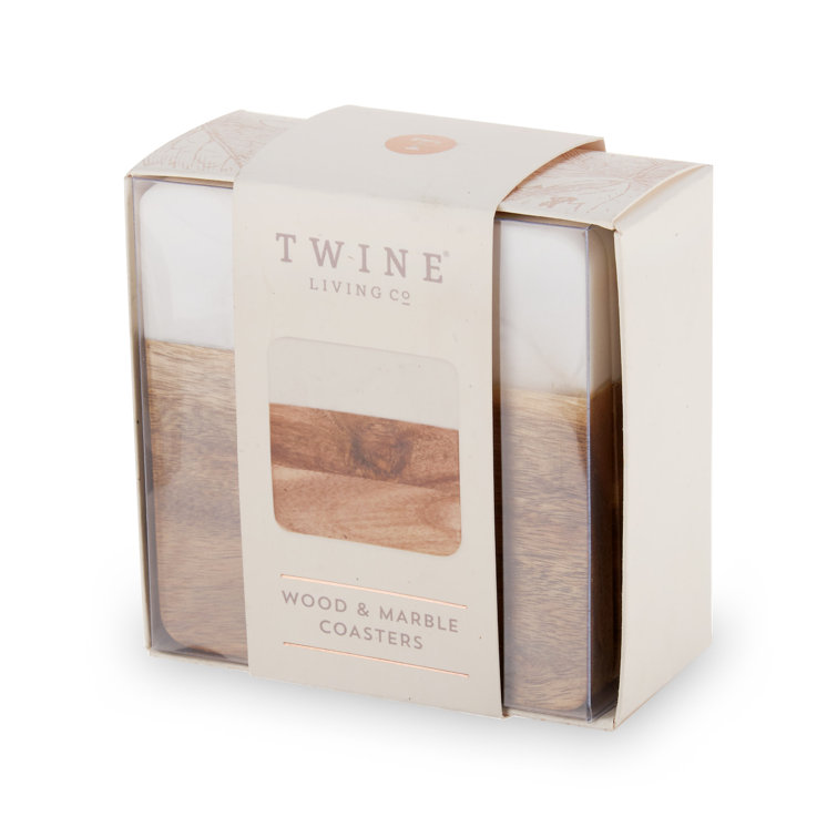 Modern Square Marble and Acacia Wood Coaster Set