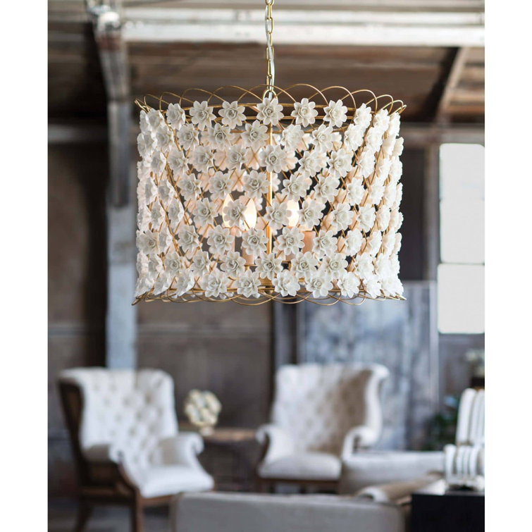 Elegant White & Gold Leaf Drum Chandelier with 4-Light Candelabra